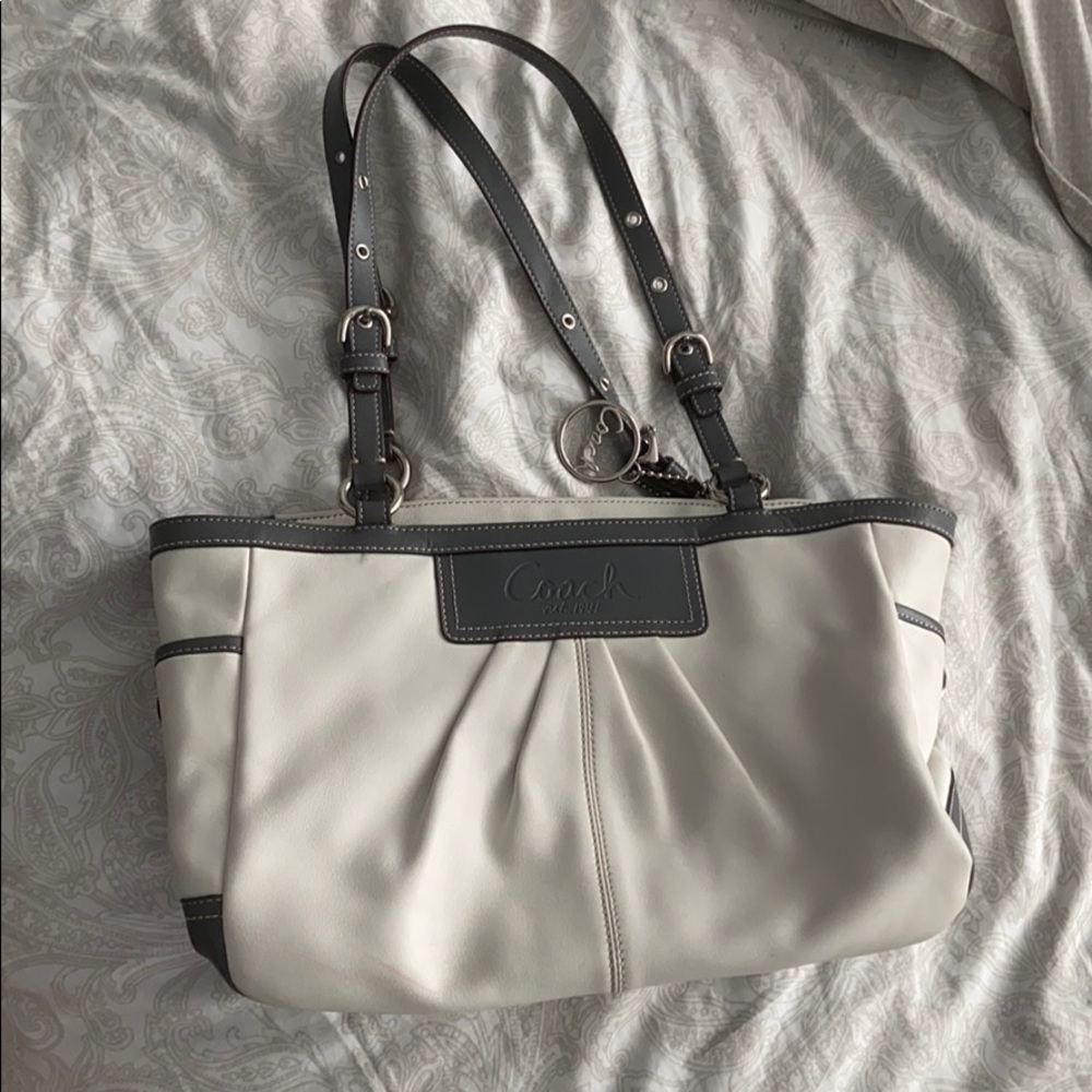 White and grey leather Coach bag